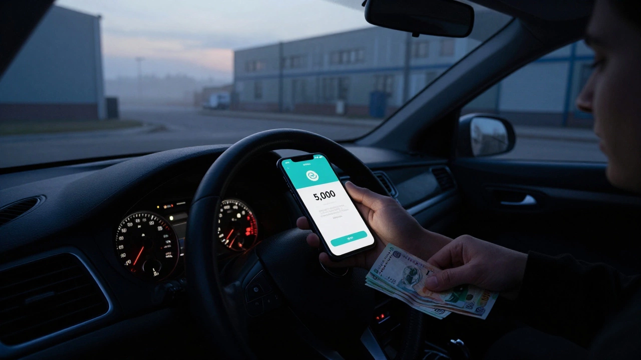 A car in an industrial zone at dawn, a phone screen displays a crypto payment confirmation.