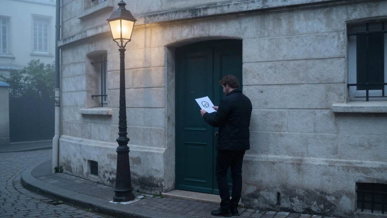 A man pausing at a hidden building entrance in Montmartre, fog and vintage lamp casting soft glow.