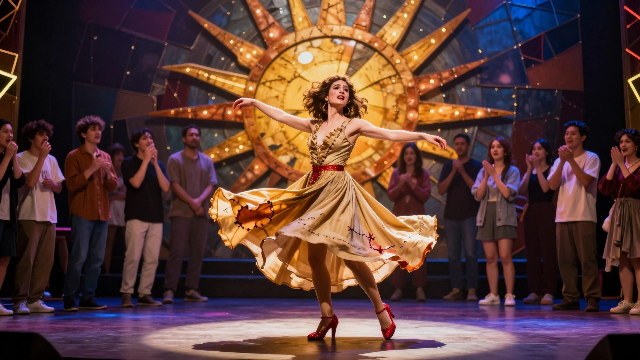 A performer stands alone on a Broadway stage in dazzling heels, audience members moved to tears in the blurred background.