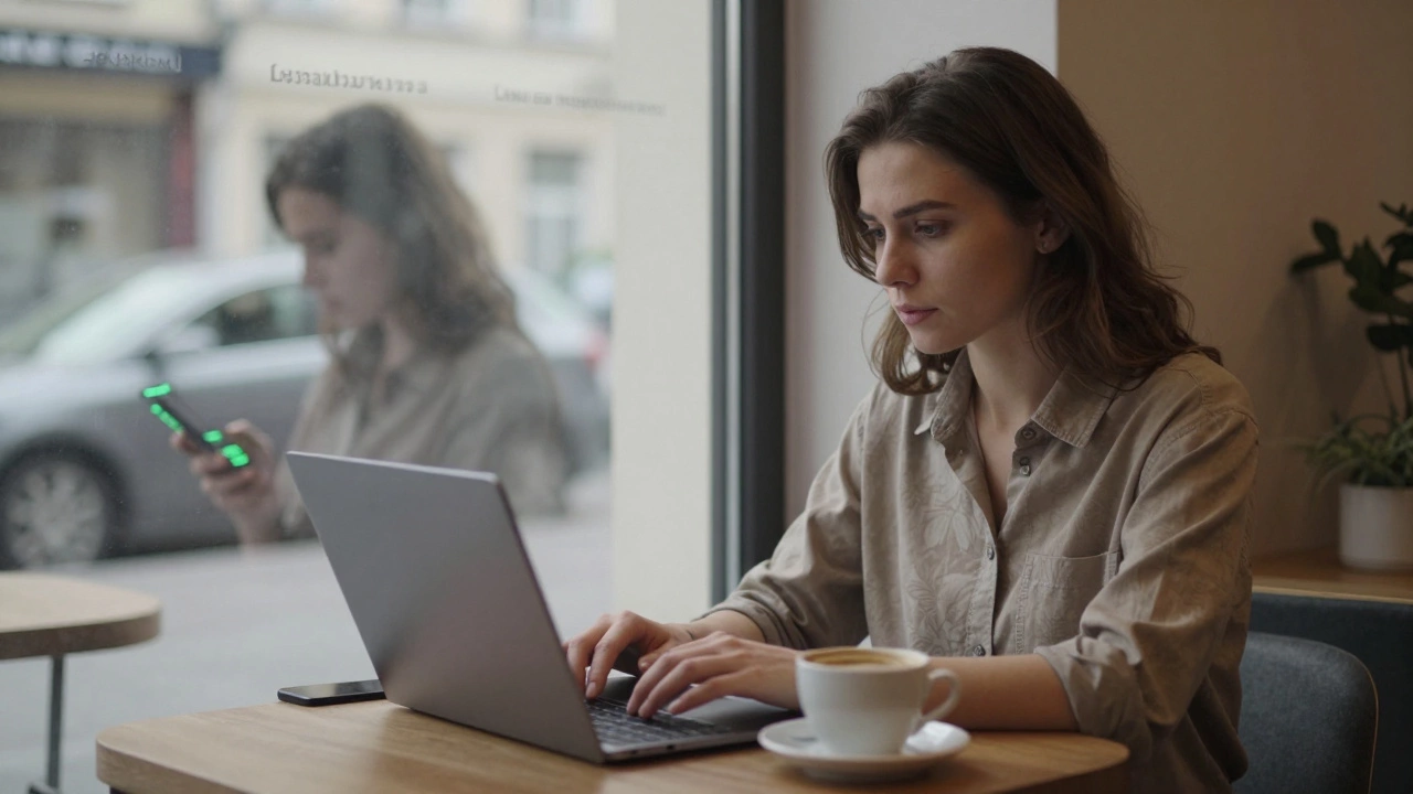 A young woman works at a café, her private online profile reflected in the window.