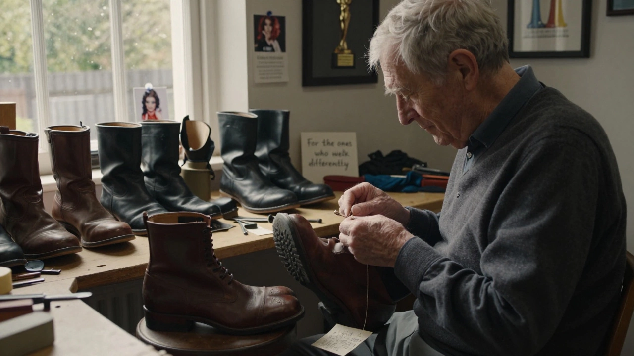 An elderly craftsman hand-stitches boots in a sunlit workshop, a photo of a drag performer beside his award.