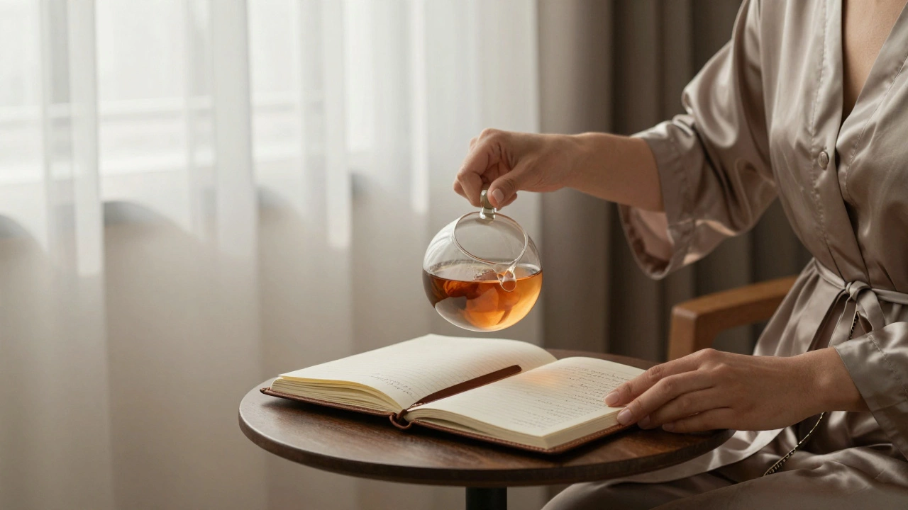 Hands pouring tea in a quiet Paris apartment, morning light on a notebook with handwritten notes.